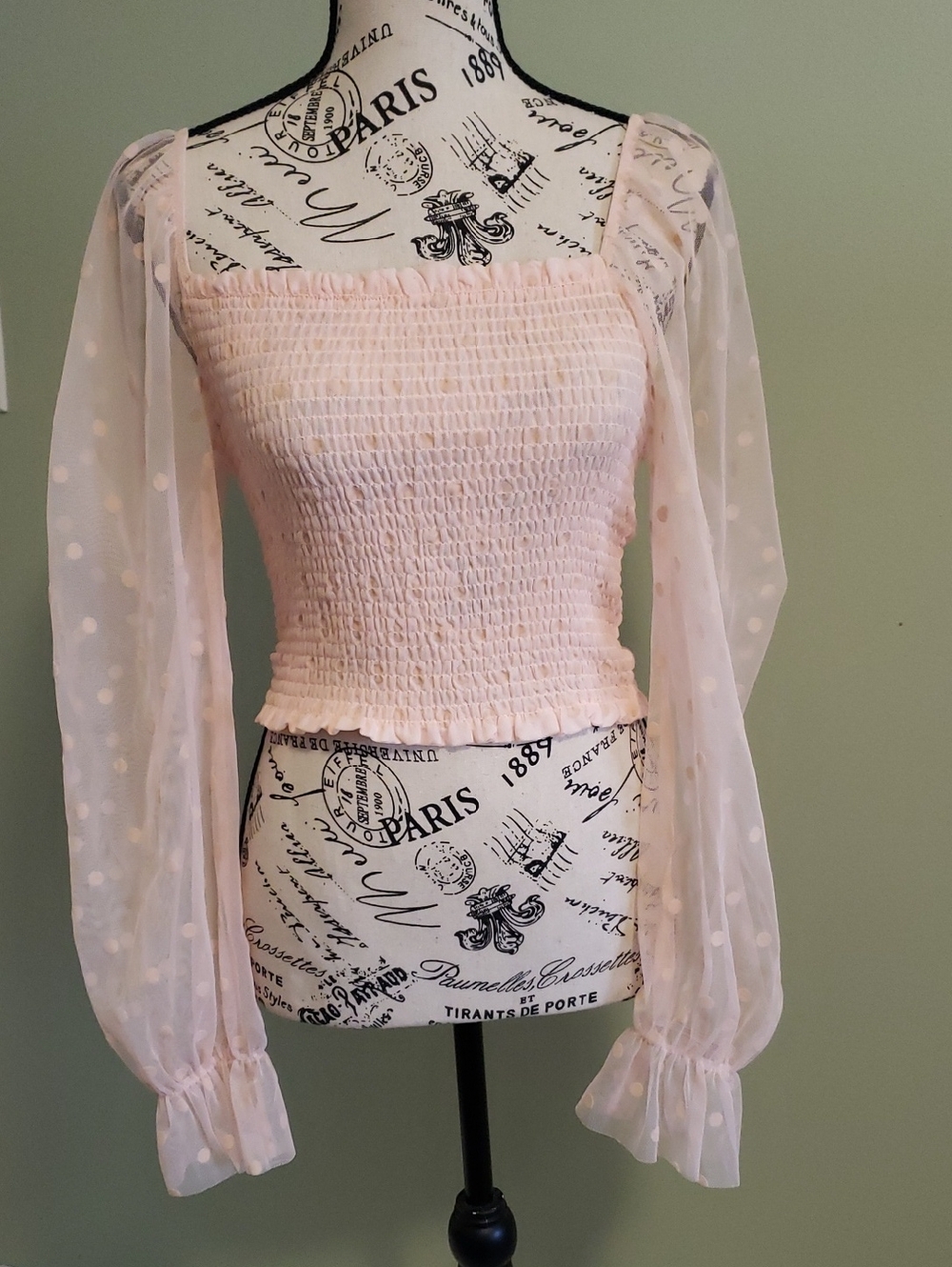 Forever 21 Pale Pink Sheer Polka Dot Smocked Crop Top